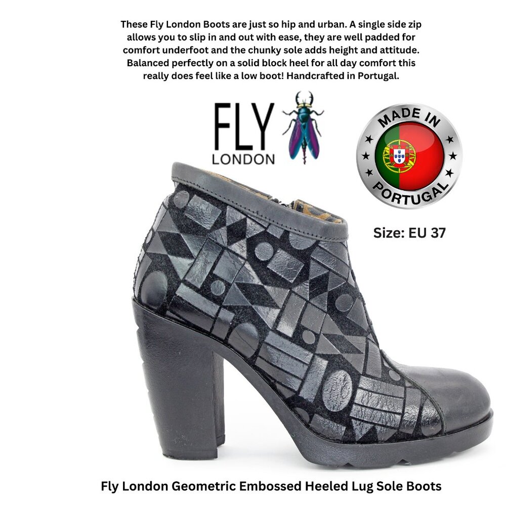 Fly London Geometric Embossed Heeled Lug Sole Boots: Size EU 37